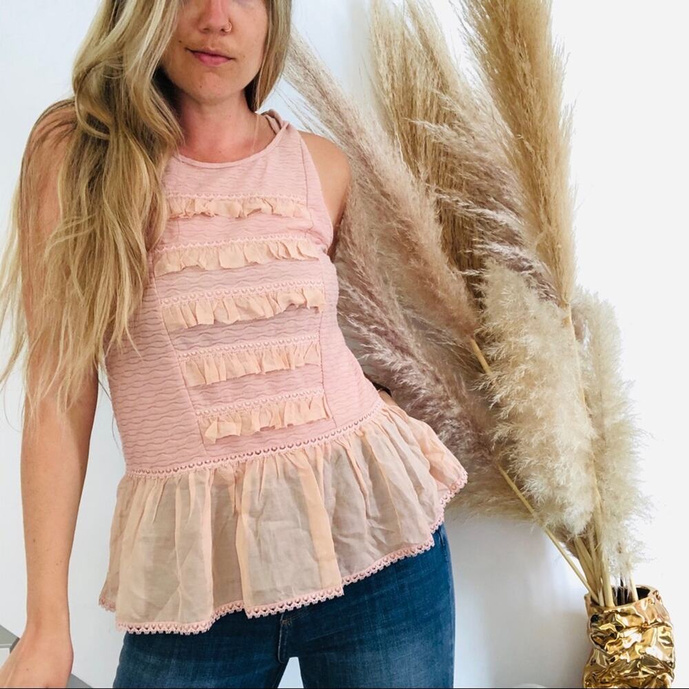 FP FREE PEOPLE Soft Blush Pink Tiered Ruffle Stripe Peplum Lace Tank Top Shirt S